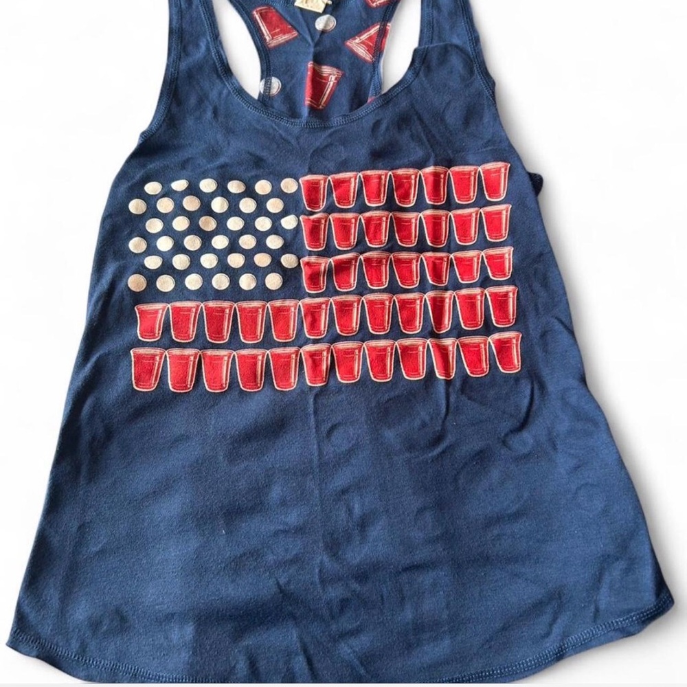 Spencer's Blue Tank Top with Red and White cup pong design
